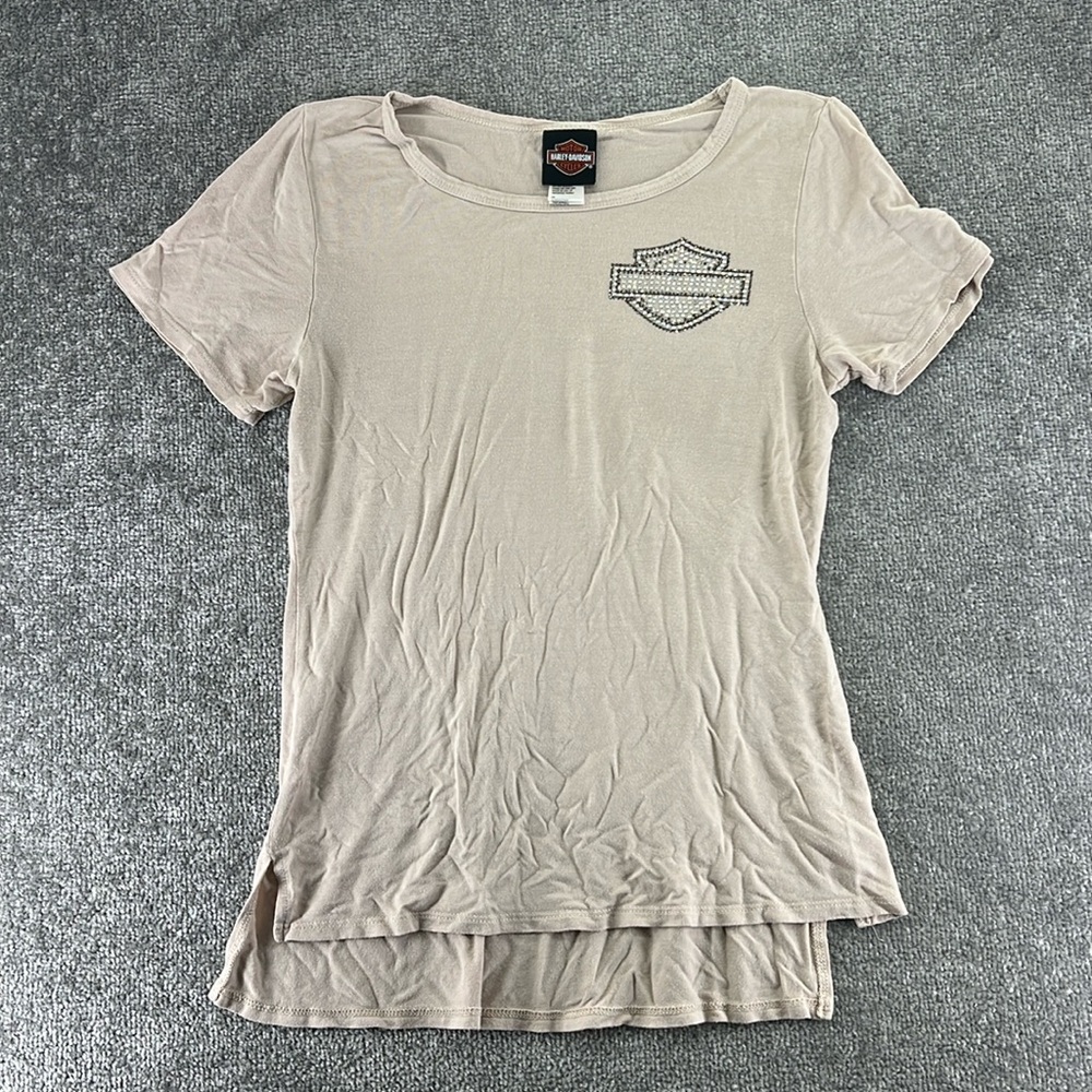Harley Davidson Short Sleeve Shirt Tan Womens S Bedazzled Jeweled